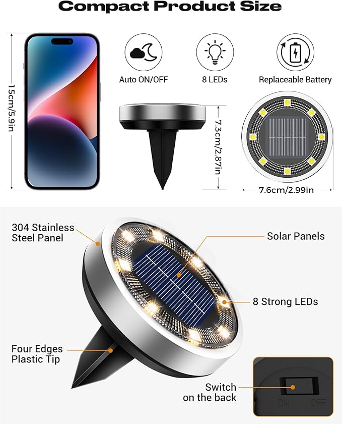 btfarm 6 Pack Solar Ground Lights Outdoor, 8 LED Flat Solar Lights Outdoor Pathway IP65 Waterproof for Garden Pathway Lawn Patio Yard Landscape, Warm White