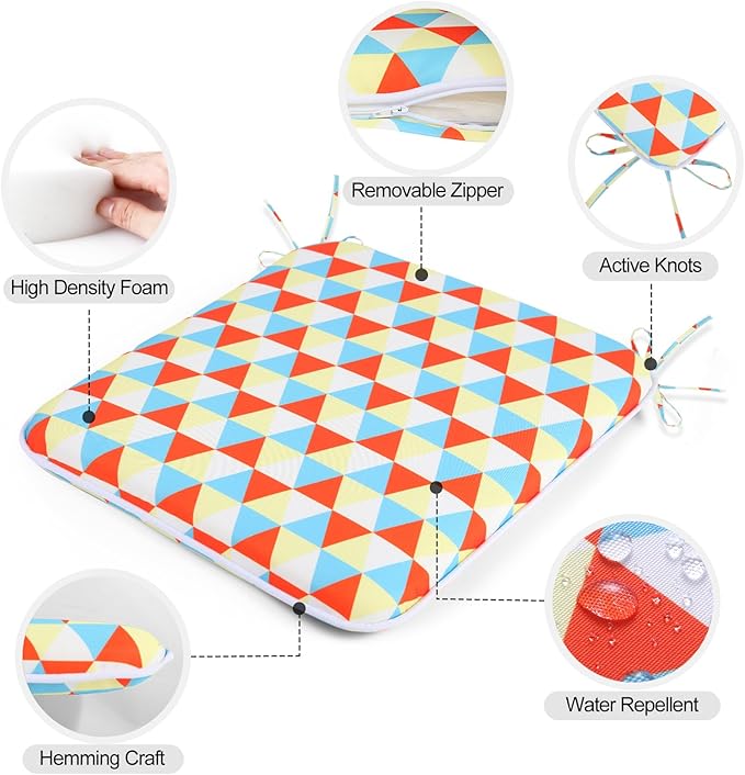 GUEGLSA Outdoor Indoor Waterproof Seat Cushions,16x16 Inches Patio Chair Cushion with Ties,Machine Washable Seat Pad for Home Garden Kitchen Dining Office Chair,Set of 2, Mix Diamond
