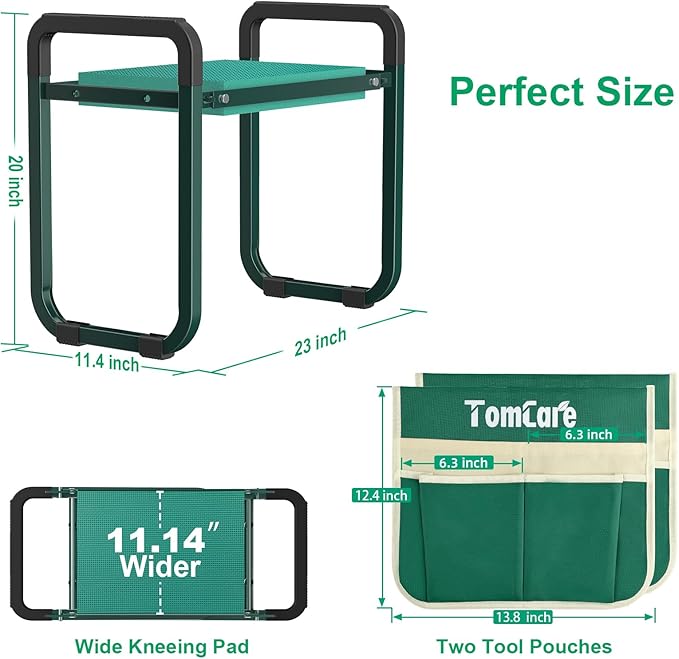 TomCare Garden Kneeler and Seat 11.14” Wider Larger Soft Kneeling Pad Garden Bench with 2 Large Tools Pouches Heavy Duty Foldable Garden Stool Gardening Gifts for Women Men Gardeners Seniors, Green