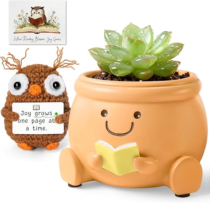 Book Lover Gift Set - Cute Reading Planter Pot with Positive Crochet Owl & Quote Card, Cozy Desk Decor for Teachers, Librarians, Women, Colleague, Friends