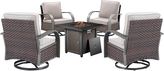 HUMMUH Outdoor Furniture with Fire Pit -Patio Table and Chairs Set of 4 Swivel Patio Chairs for Deck Porch Garden Poolside Backyard-Brown/Beige