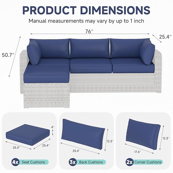 HOMREST Outdoor Replacement Cushions for Patio Furniture,Water-Repellent Sofa Cushion for 4-Seat Rattan Wicker Sectional Patio Conversation Sets,9-Piece Cushions Set for Outdoor Couch,Navy Blue