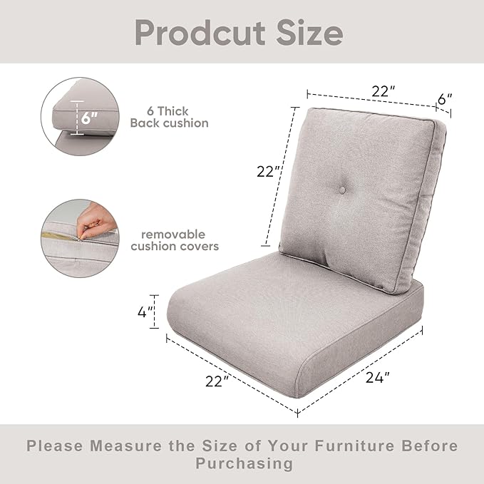 Outdoor Chair Cushions for Patio Furniture - 1 Pack Outside High Back Thick Water-Resistant Cushion 22x24 with Zipper Cover for Wicker Glider Rocking Chairs Loveseat Couch – Beige/Buckle