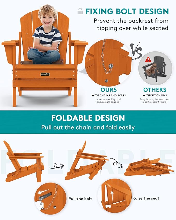 SERWALL Foldable Adirondack Chair Set of 2 for Patio Garden Outdoors Fire Pit Chairs-Orange