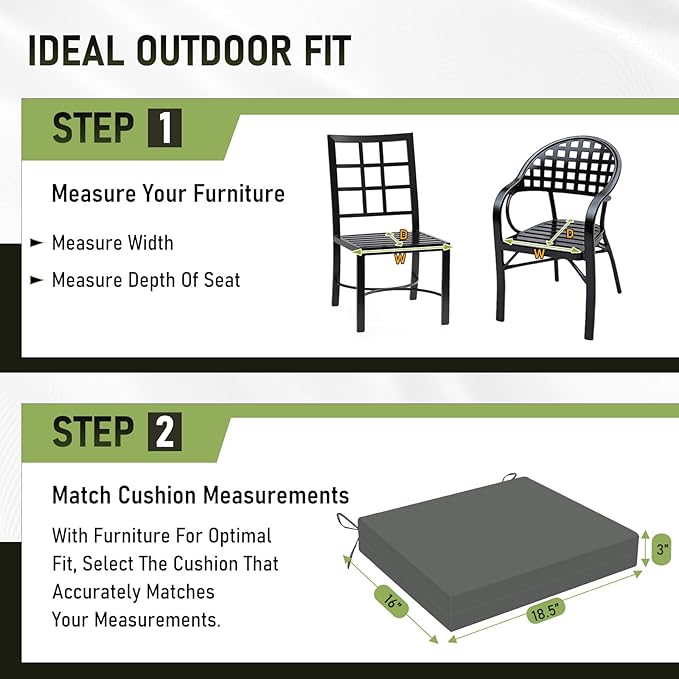 Basic Beyond Outdoor Chair Cushions Set of 6, Square Corner Outdoor Cushions for Patio Furniture, Water Resistant Patio Chair Cushions with 2 Ties, 18.5x16x3, Charcoal Grey