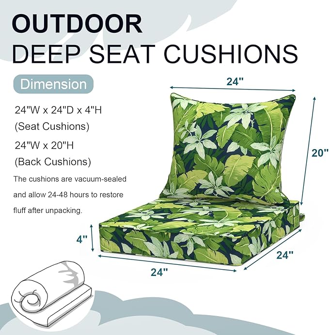 Outdoor Deep Seat Cushion Set, Water Repellent 24"x24" Patio Thick Cushions Replacement with Seat & Back Pillow for Patio Sofa, Wicker Chair, Couch - Jungle Leaves