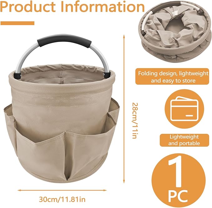 Khaki 17 L Picnic Garden Tool Bag with 6 Pockets, Foldable Bucket Organizer for Storage Camping Home Cleaning Products, Portable Garden Caddy Tote with Handle Harvest Basket (Khaki)