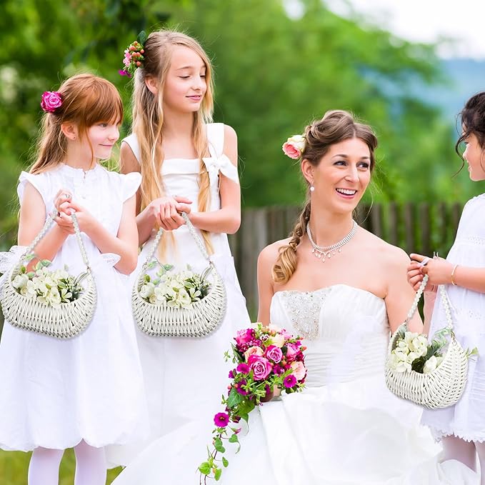 Taiyin 2 Pcs Rattan Flower Girl Basket with Pearl Handle Small Half Moon Wicker Basket for Wedding Flower Girl Picnic Garden Storage and Home Decor (White)
