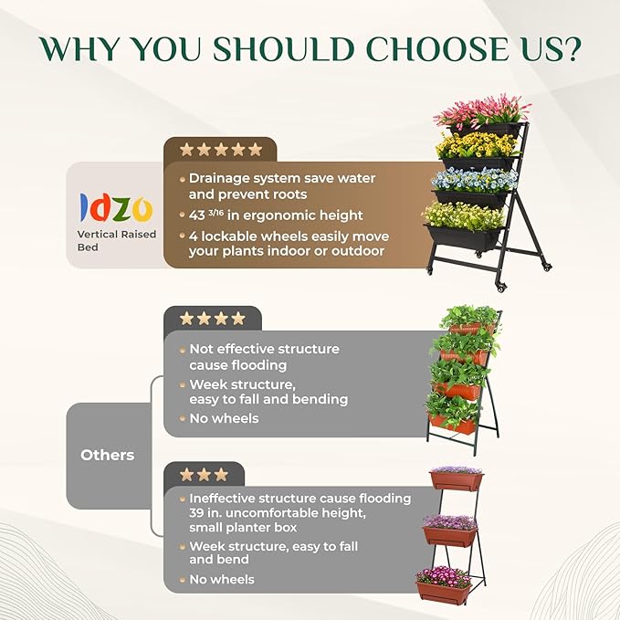 IDZO 4-Tier Vertical Raised Garden Bed with 4 Lockable Caster Wheels, Sturdy Steel Vertical Garden Planter with Efficient Drainage Tray, Ergonomic Ladder Planter with Included Garden Tools, Black