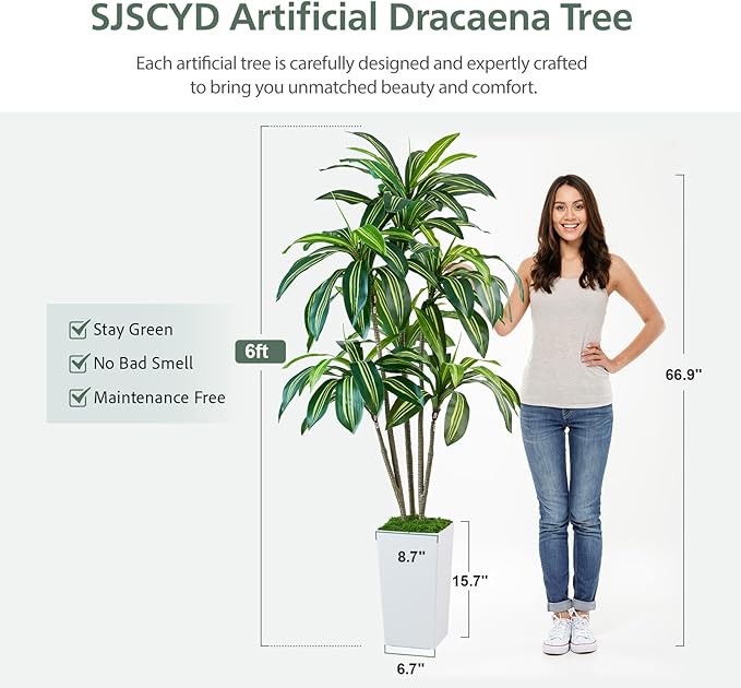 Dracaena Artificial Plants Indoor, 6FT Tall Faux Tree with White Tall Planter, Fake Yucca Tree Floor Plant, Artificial Trees for Home Office Living Room Garden Decor Outdoor, Housewarming Gift