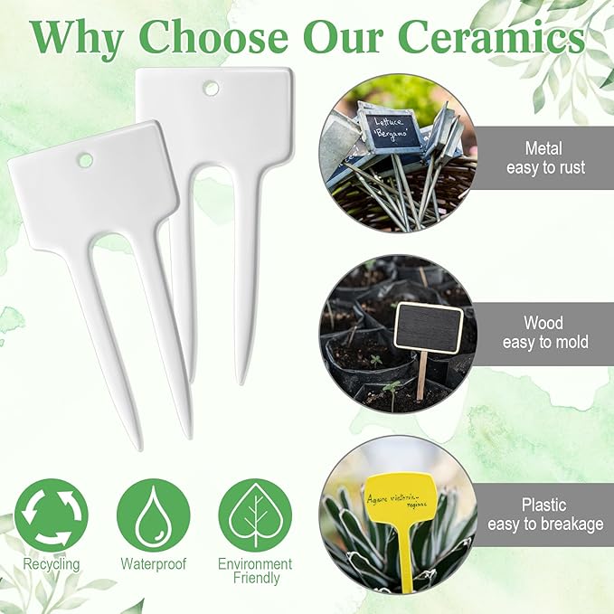 24 Pack Ceramic Plant Labels Garden Markers 4 Inch T-Type Plant Name Tags Herbs Succulent Name Tags for Indoor Outdoor Markers Tree Reusable Waterproof Label Stakes
