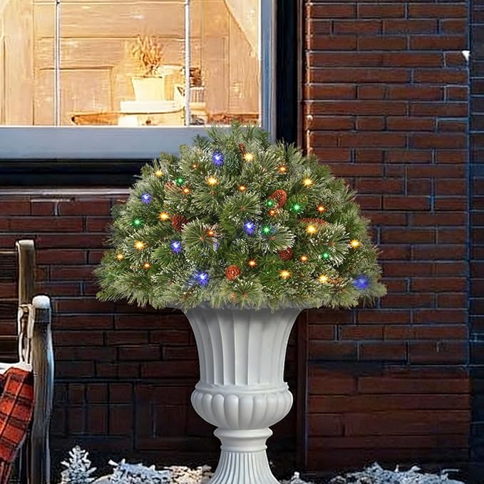 Prelit Artificial Christmas Tree Urn Fillers, Battery Operated Holiday Planter Filler with 50 Multi-Color Lights, Cones Christmas Decor for Porch Pathway Garden Yard