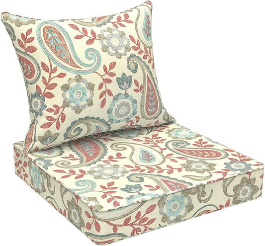 Outdoor Deep Seat Cushion Set, Water Repellent 22"x22" Patio Thick Cushions Replacement with Seat & Back Pillow for Patio Sofa, Wicker Chair, Couch - Paisley Vintage
