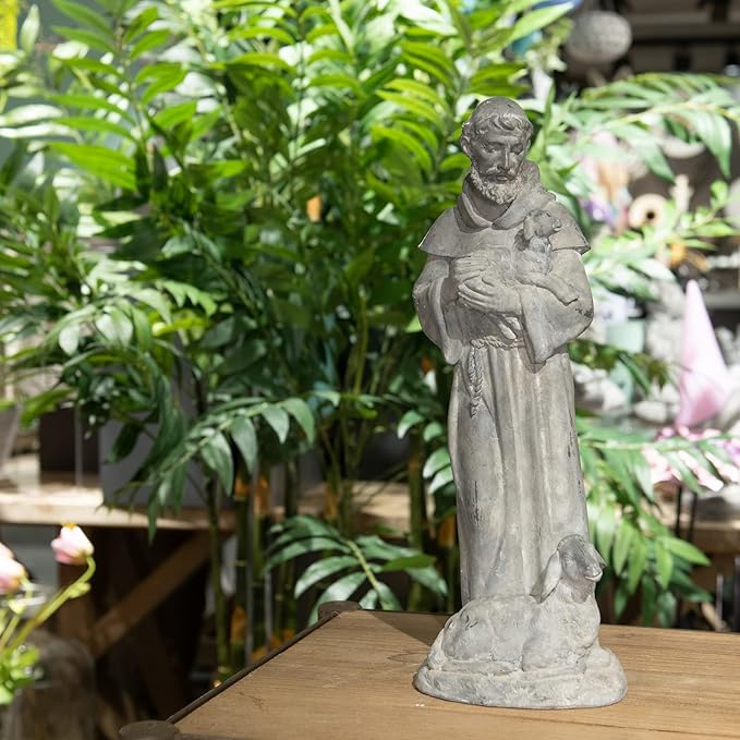 Newman House Studio Vintage St Francis Garden Statue - 15.2 Inch Resin Patron of Animal Figurine Saint Francis Sculpture with Sheep for Garden Decor