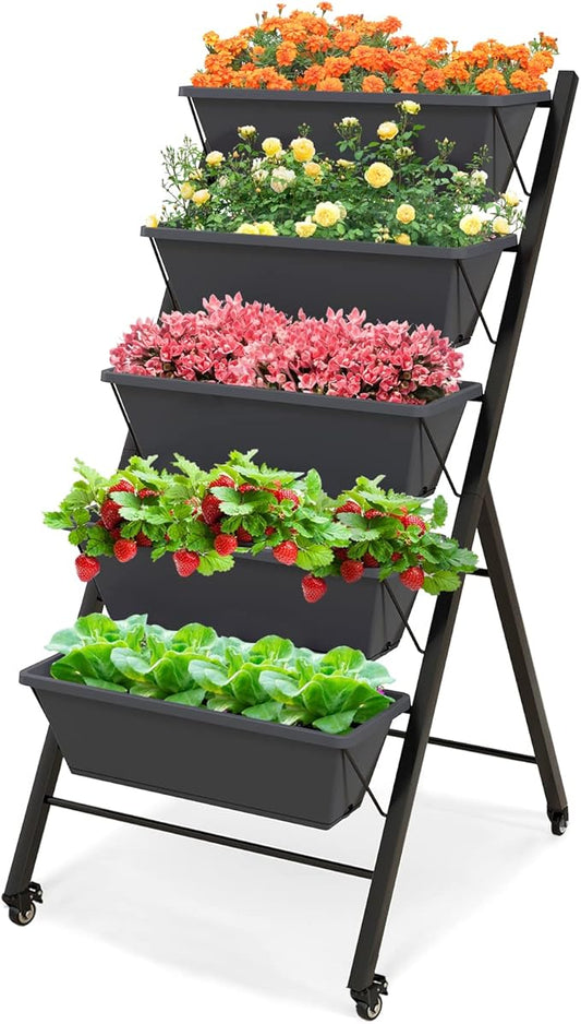 Giantex Vertical Raised Garden Bed on Wheels, Elevated Planter Raised Beds with Water Drainage, Freestanding 5 Container Boxes for Vegetables and Flowers Growing, Outdoor Indoor Patio Balcony