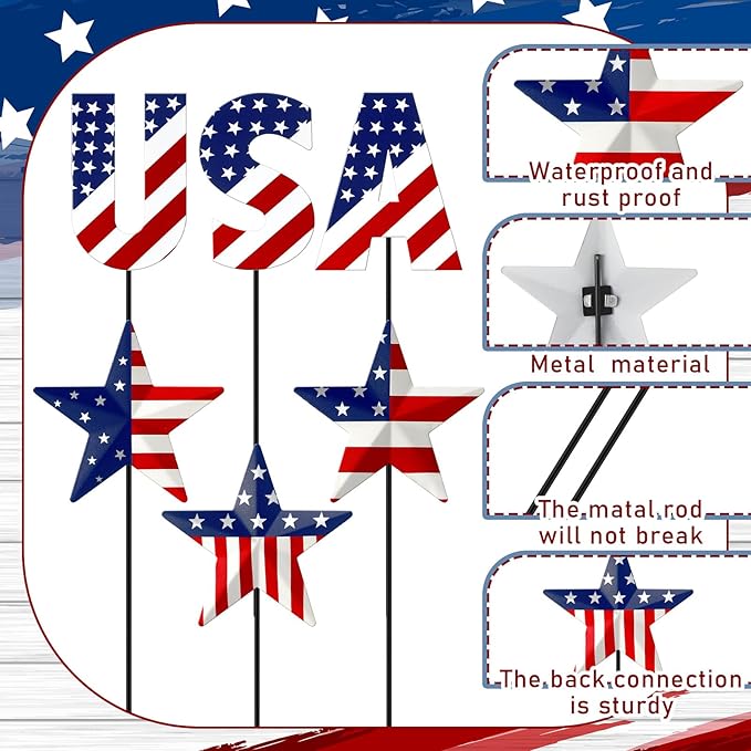 Pickmesh 6 Pcs 12" H Patriotic Metal Yard Sign Patriotic Garden Stake 250th Anniversary Star USA Flag American Yard Sign for Memorial Day Outdoor Decor 4th of July Independence Day Decoration