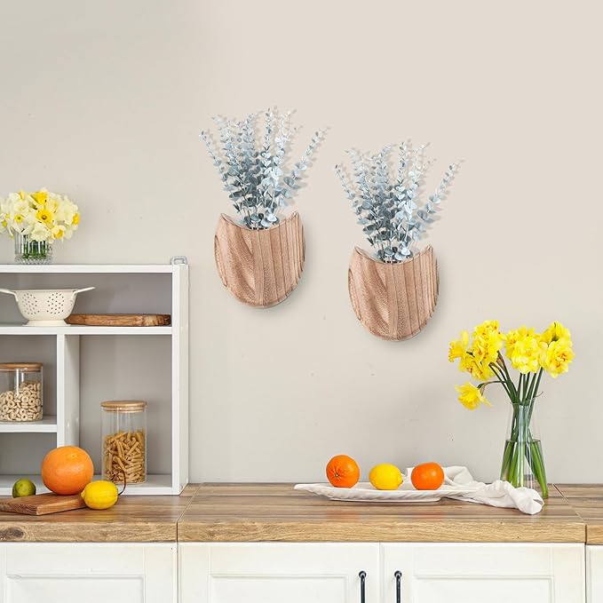 2 Pack Wood Wall Planters with Artificial Plants Farmhouse Boho Wall Decor Pocket Vases for Kitchen Office Living Room Entryway Hallway Bathroom Indoor Decoration(Natural Color)