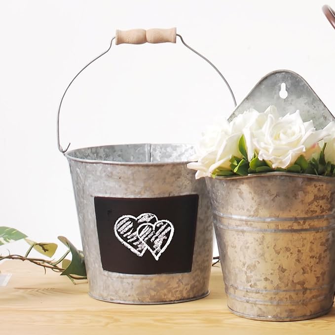 Hosley Set of 2 Metal Pail with Chalkboard and Plastic Liner 7" Dia x 6" H. Ideal Gift for Floral Arrangements Wedding House Warming Floral Planter DIY Craft Home Office Party Garden Patio