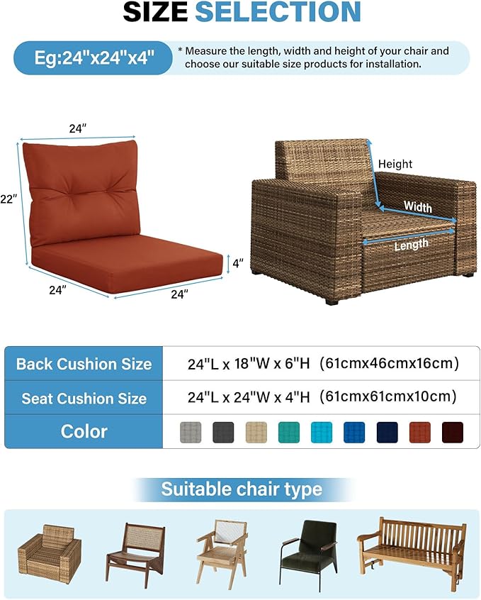 YEFU Outdoor Cushions for Patio Furniture: Waterproof Fade-Resistant Outdoor Chair Cushions Set of 4 - Deep Seat Patio Cushions Replacement with Ties for Chair Sofa Couch - 24 x 24 Inch(Burnt Orange)