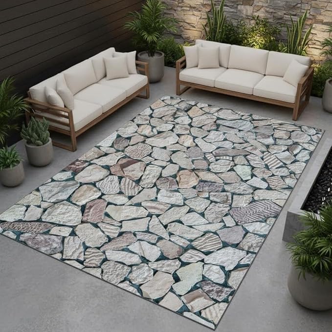 Rustic Grey Brown Faux Rock Tile 5x7 Outdoor Rugs for Patios Balcony Deck Garden Camping Beachside Porch Natural Stones Theme Thin Non Slip Waterproof Quick Dry Comfort Art Decor Carpets