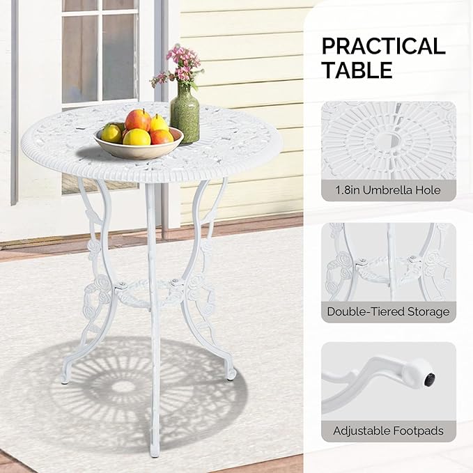 Outvita Patio Table and Chairs Set, Cast Aluminum Outdoor Cafe Table and Chairs Set of 3, Stability Patio Bistro Sets with Umbrella Hole for Garden, Patio, Balcony, Rose Pattern White