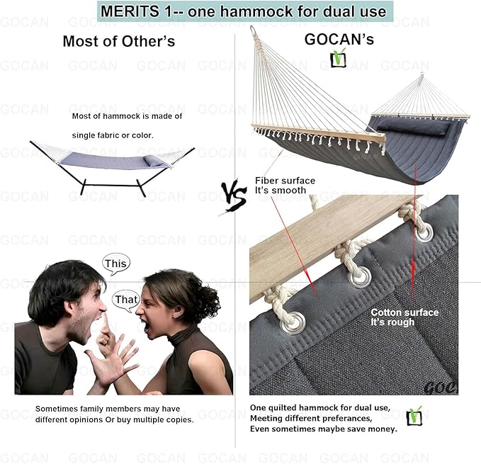 Quilted Fabric Double Hammock won't flip with stand and Spreader Bars,Safer and Sturdier,Quality Hammocks for outdoor indoor patio yard Two sided dual use Deep Grey