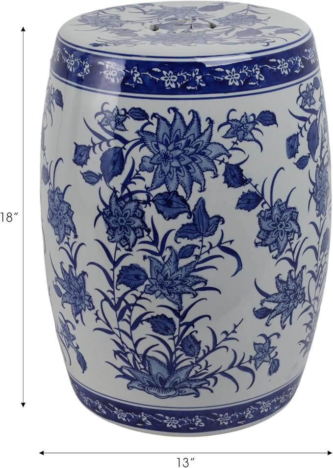Decorative Chinoiserie Stool for Outdoor Side Table - Ceramic Floral Pattern for Indoor Garden, Entryway, and Patio Area - Home Decor Accent Stool for Plant Stand Display - 18", Blue & White