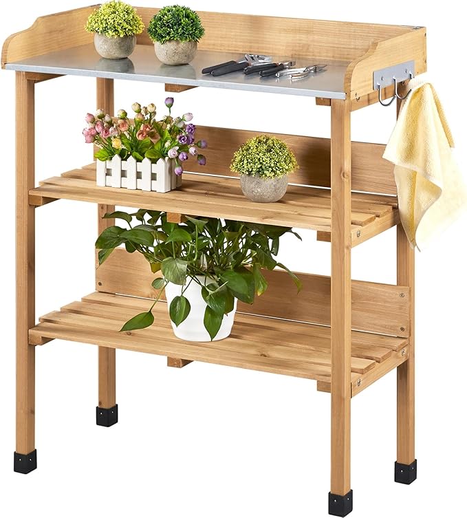 Yaheetech Outdoor Garden Potting Bench Table Wooden Horticulture Planting Worstation w/Metal Tabletop/Storage Shelf/3 Hooks, Natural Wood