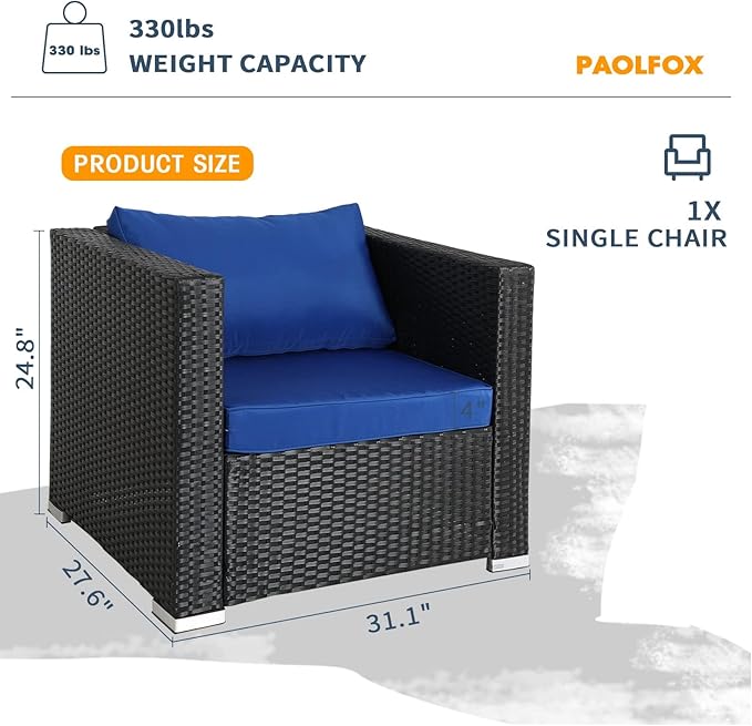 Wicker Patio Chairs,Outdoor Rattan Chairs with Cushion,Patio Furniture for Gardens, Backyards, Balconies,Poolside(Blue)
