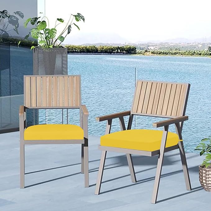 Cozyide Outdoor Chair Cushions, Waterproof Patio Seat Cushions with Adjustable Straps, Round Corner Patio Chair Cushions for Garden, Yellow, 17x16x2 Inch (Pack of 4)