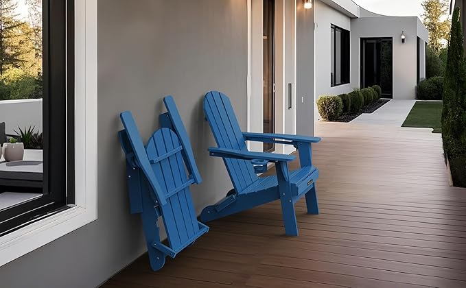 Folding Adirondack Chair, Wooden Textured Plastic Adirondack Chairs with 2 Cup Holder, Weather Resistant HDPE Fire Pit Chair, Outdoor Patio Chairs for Garden, Backyard, Lawn, Deck, 380LBS, Blue