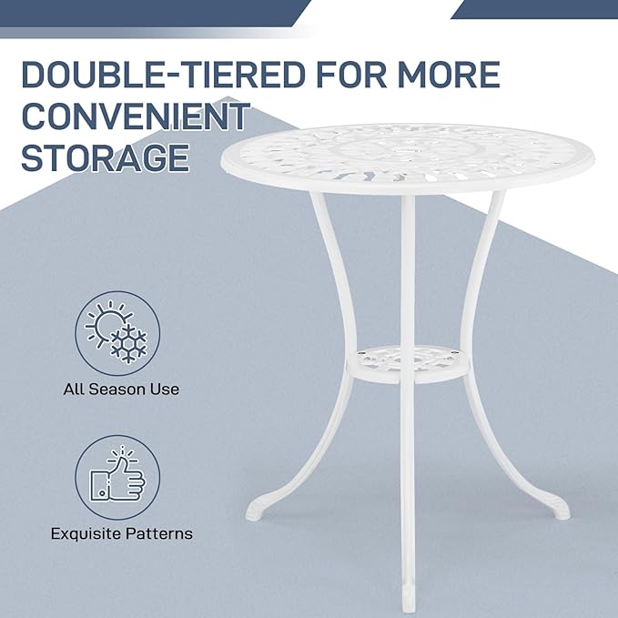 Outvita Patio Table and Chairs Set, Cast Aluminum Outdoor Cafe Table and Chairs Set of 3, Stability Patio Bistro Sets with Umbrella Hole for Garden, Patio, Balcony, Tulip Pattern White