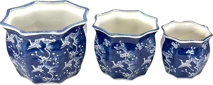Galt International White & Blue Crane Round Fluted Floral Porcelain Ceramic Plant Flower Planter Pot Set of 3 (7.5", 10", 13") Garden Pots Chinese Asian Design