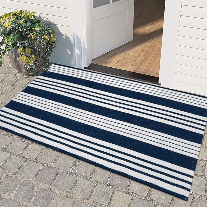 OJIA Outdoor Entryway Rug 24''x51'', Machine Washable Front Door Mats Cotton Woven Blue and White Outdoor Rugs Porch Rug Striped Kitchen Runner Indoor Door Mat for Farmhouse/Entry/Home Entrance