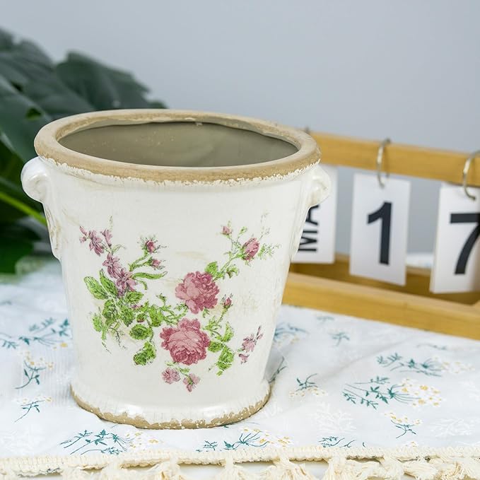 Vintage Ceramic Flower Pot with Drainage Holes and Handle,Ice Crack Country Rustic Planters for Indoor Outdoor,Tuscan Decor,Home and Garden Decor,Gardening Present