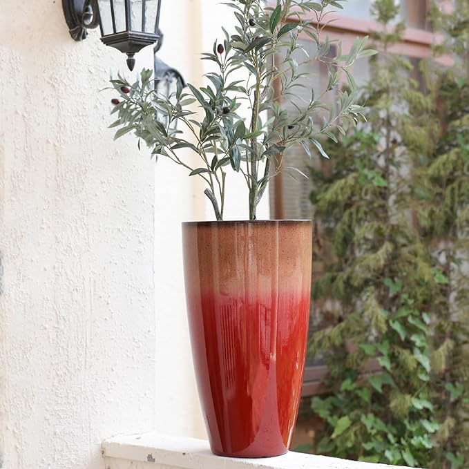 Outdoor Planter 21" Tall Planters Gardening Pots with Insert Shelf Accessories Weather-Resistant Plastic Flower Pot Front Porch Decor, Tan to Burgundy Gradient