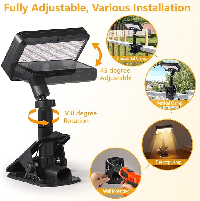 Clip On Solar Lights Outdoor with Motion Sensor, 360°Rotatable & Vertically Adjustable Solar Fence Lights with 92 LEDs (600 LM, 3000 K),IP65 waterproof Security light for deck, Gutter, Camping(2 Pack)