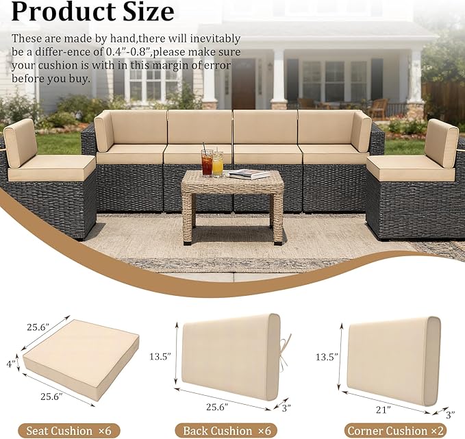 14 Pcs Outdoor Replacement Cushions for Patio Furniture, All Weather Water Resistant Cushion for 6 Seat Rattan Wicker Sectional Patio Conversation Sets and Couch (Khaki)