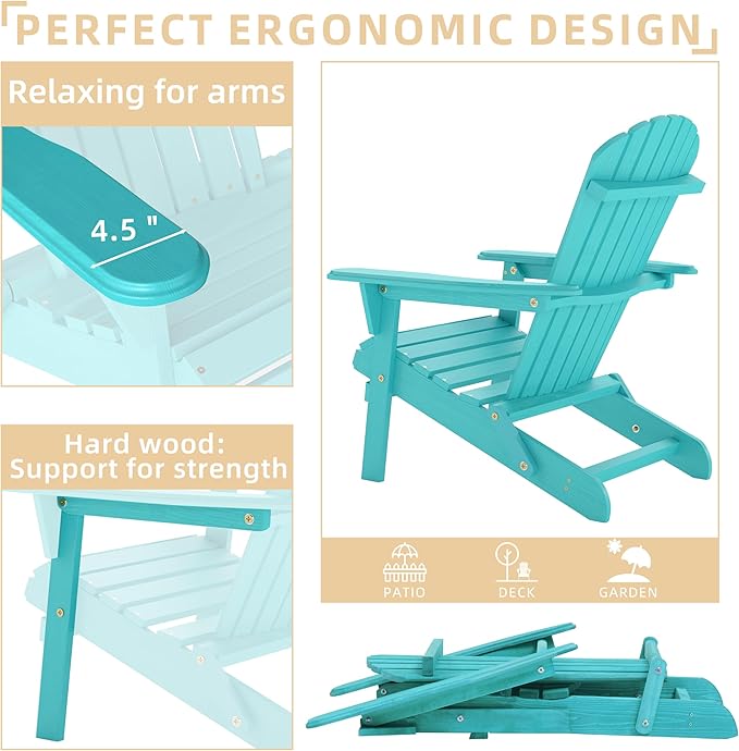 Outdoor Wooden Folding Adirondack Chair with Pre-Assembled BackRest & SeatBoard, Accent Furniture for Patio Backyard Garden Porch Deck Pool Firepit
