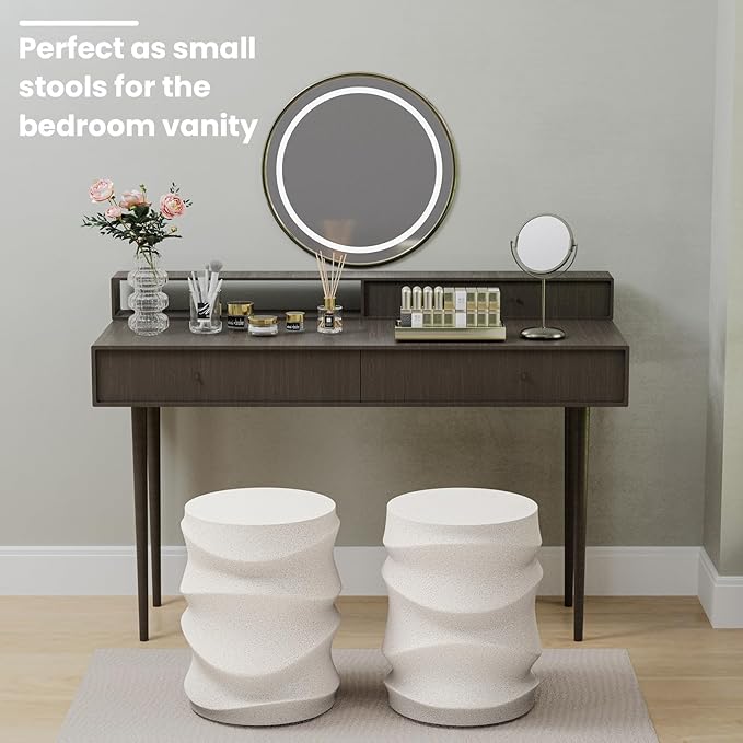 SUNBURY Outdoor Side Tables Set of 2, 18" H Concrete Accent End Table Streamlined, Small Round Cement Plant Stands Table, Decorative Garden Stools for Backyard, Spotted White