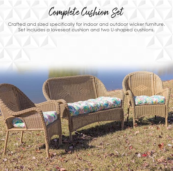 RSH Decor Indoor Outdoor 3 Piece Tufted Wicker Settee Cushions 1 Loveseat & 2 U-Shape Weather Resistant - Choose Color (Black, 2- 19"x19" 1- 41"x19"), 3 Piece Set