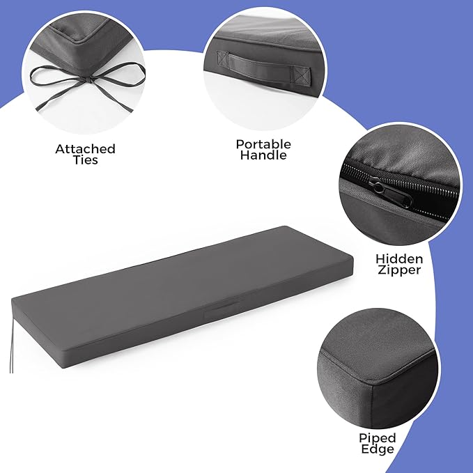 Outdoor Bench Cushions for Outdoor Furniture, 42x18x3 Inch, Waterproof Bench Pillow, Fade Resistant Long Bench Seat Pads for Garden, Indoor, Porch Swing, Dark Grey