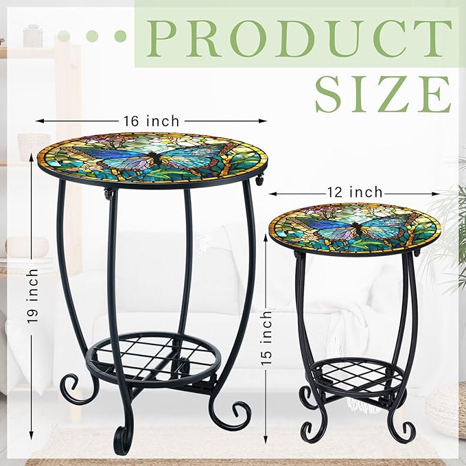 2 Pcs Outdoor Side Table Small Patio Round Mosaic Accent Indoor End Table Plant Metal Coffee Tea Tables for Patio Yard Porch Garden Living Room(12" and 16",Butterfly Style)