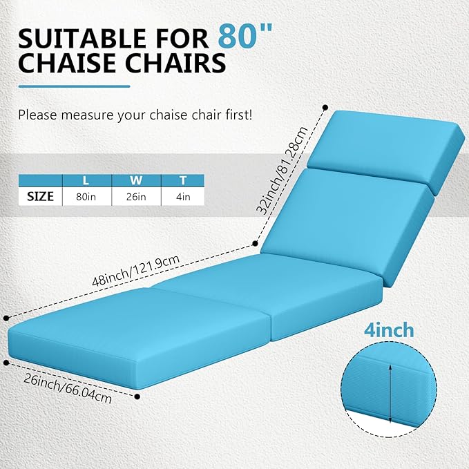 4 Pcs Chaise Lounge Cushions Outdoor, 80 x 26 x 4 Inch Lounge Chair Cushions for Outdoor Furniture - Waterproof Lounge Patio Replacement Cushion, 4In Fade-Resistant ThickPatio Chaise Lounge Cushion