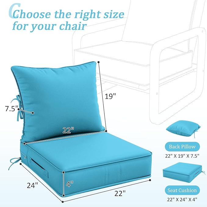 Outdoor Patio Chair Cushions Set 22 L X 24 W X 4 H Waterproof & Fade Resistant Deep Seat and Back Cushions with Removable Covers Outdoor Seat Cushion Set for Chairs and Sofas