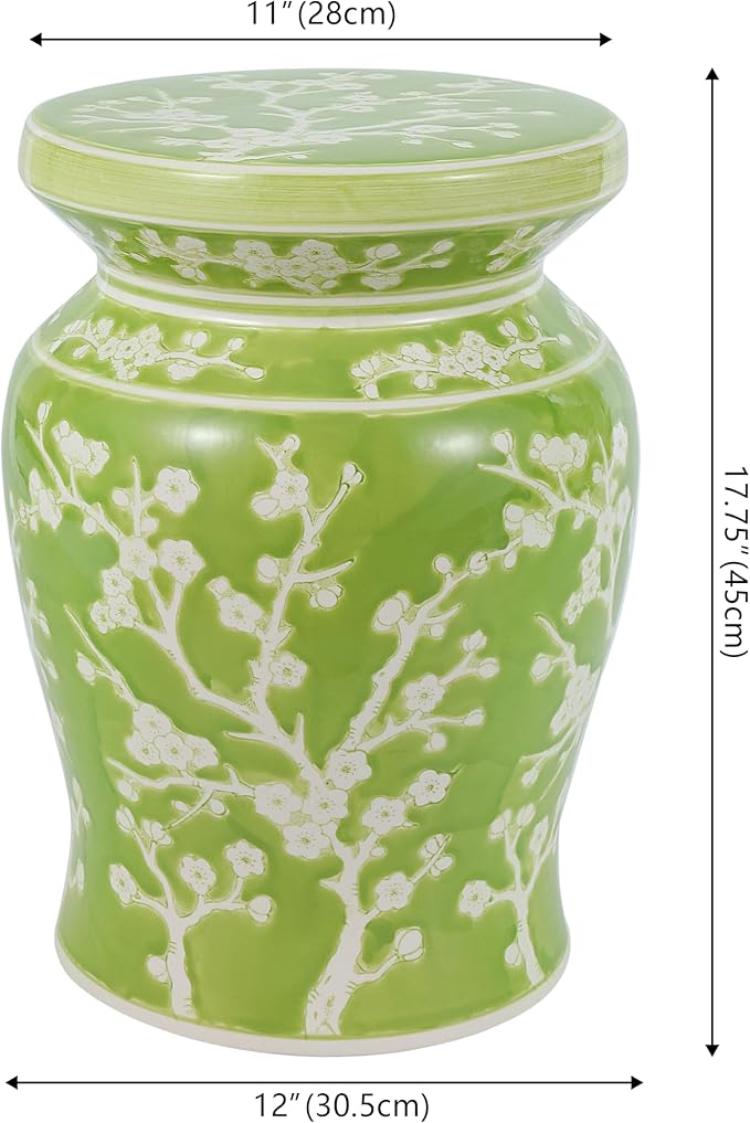 JONATHAN Y TBL1017C Cherry Blossom 17.75" Ceramic Indoor/Outdoor Garden Stool Coastal, Contemporary, Transitional, Patio, Garden Room, Bathroom, Living Room, Green/White