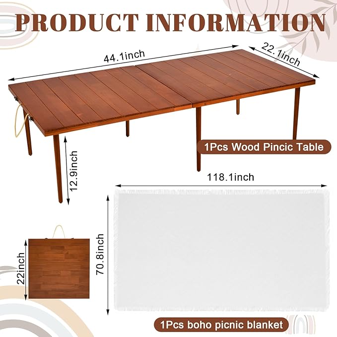 1 Set Low Picnic Table, Foldable Boho Picnic Table with Extra Large Outdoor Camping Blanket Portable Boho Wood BBQ Tables for Camping Wedding Beach BBQ Party (for 4 Person,Brown)
