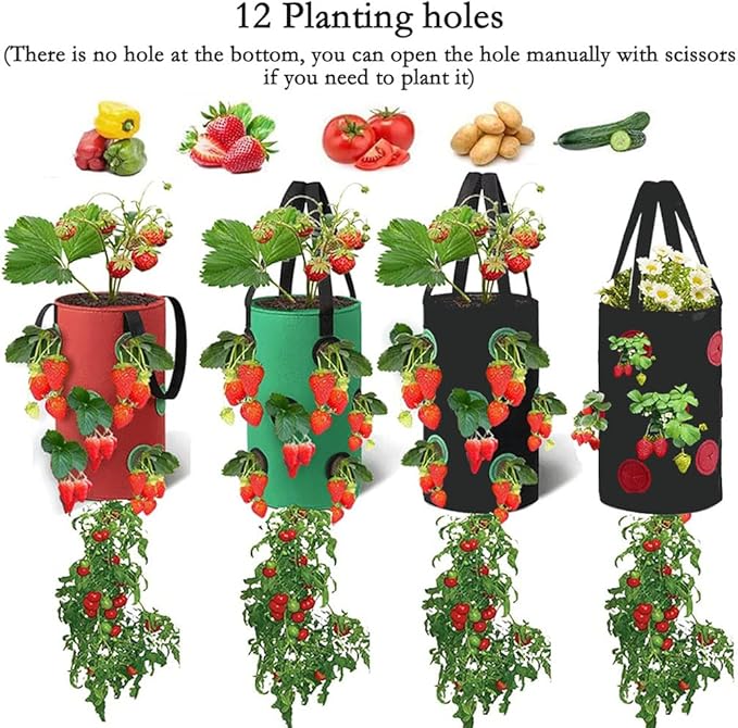 4 Pcs Hanging Strawberry Planter Bags 3 Gallon Upside Down Strawberry Planter and 4 Hooks, Sturdy Hanging Handle Thickened Breathable Felt Cloth for Herb Tomato Hot Peppers Vegetables (4Pcs 3Gal)