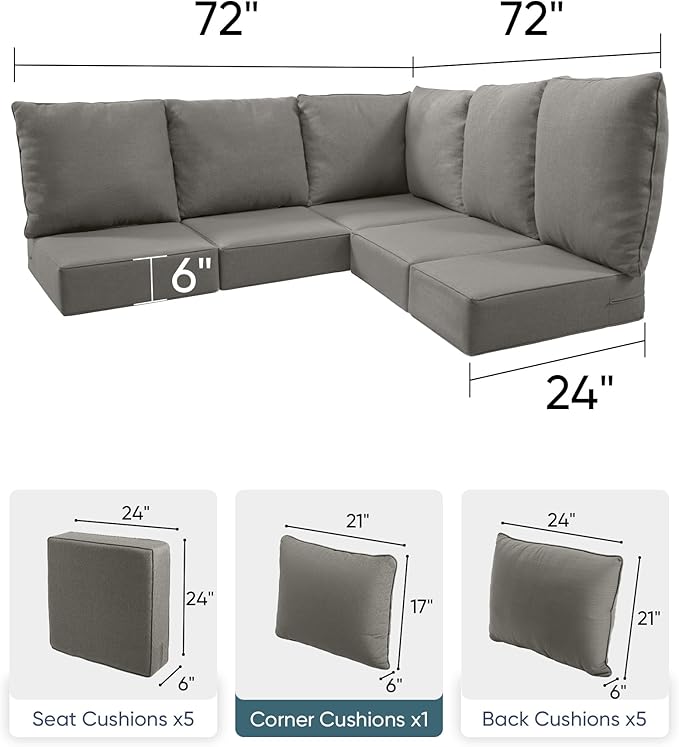 Luxury 24x24x6 Outdoor Cushions for 5-Seat Sectional Sofa Set of 5 - Water-Repellent 11-Piece Patio Cushion Set for Mental Rattan Wicker Loveseat Chair L-Shape Couch - Grey/Classic