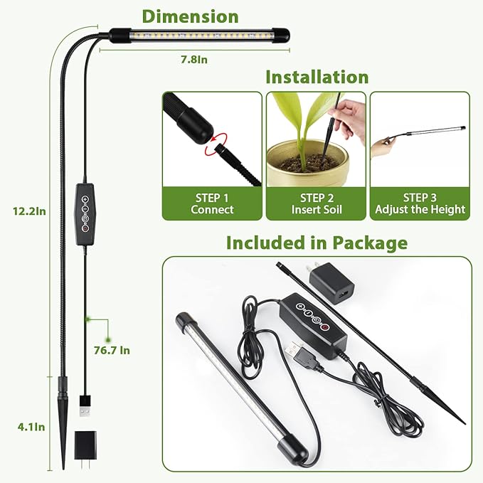 Juhefa Grow Light for Indoor Plants Growing, 6000K Full Spectrum Gooseneck Plant Lamp for Seedings Succulents Small Plants, Auto On/Off Timing & 5 Dimming, 4 Pack